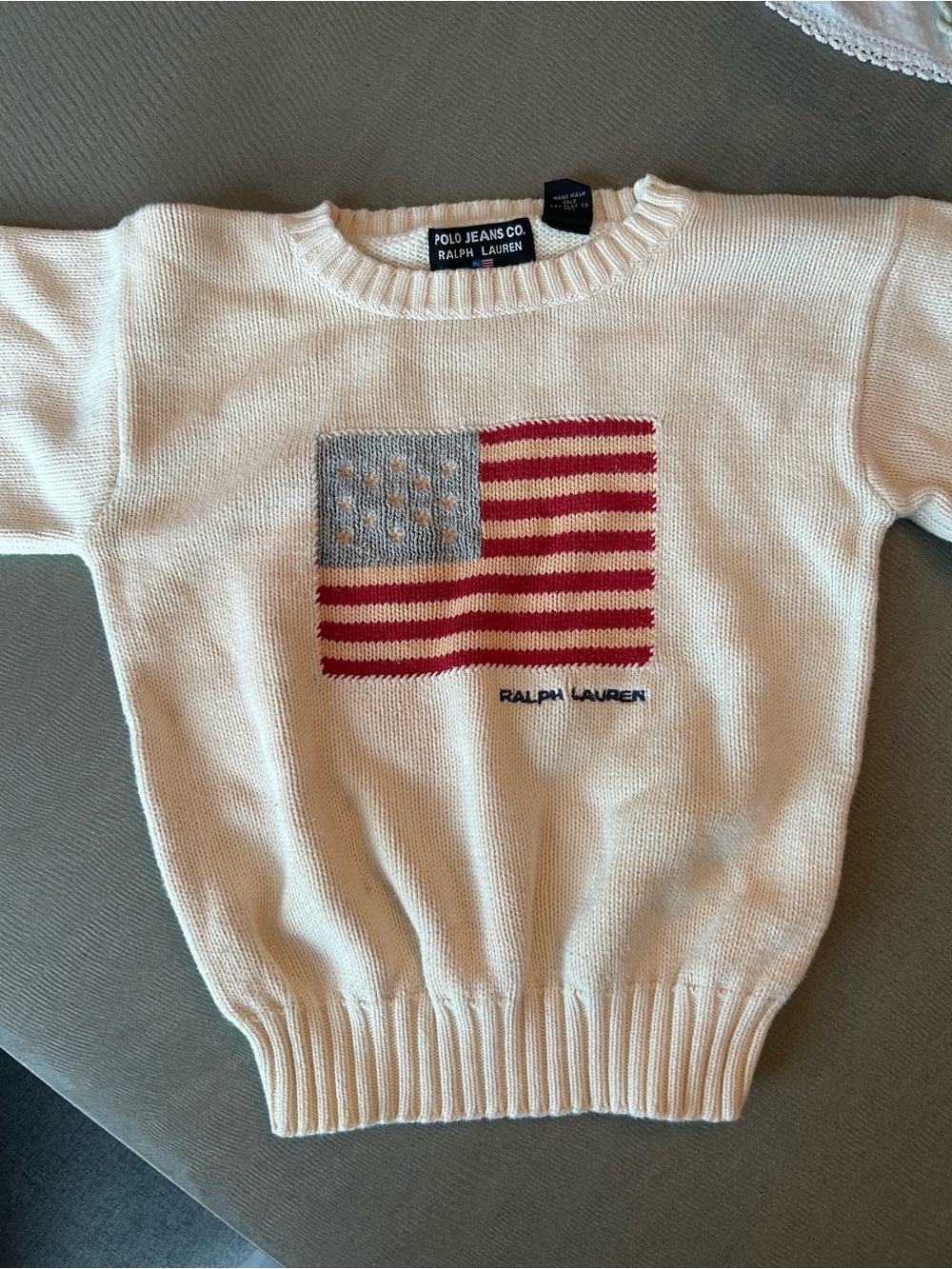 Vintage polo jeans kids Cream Sweater with Flag Knit size 4-5 has stains wear